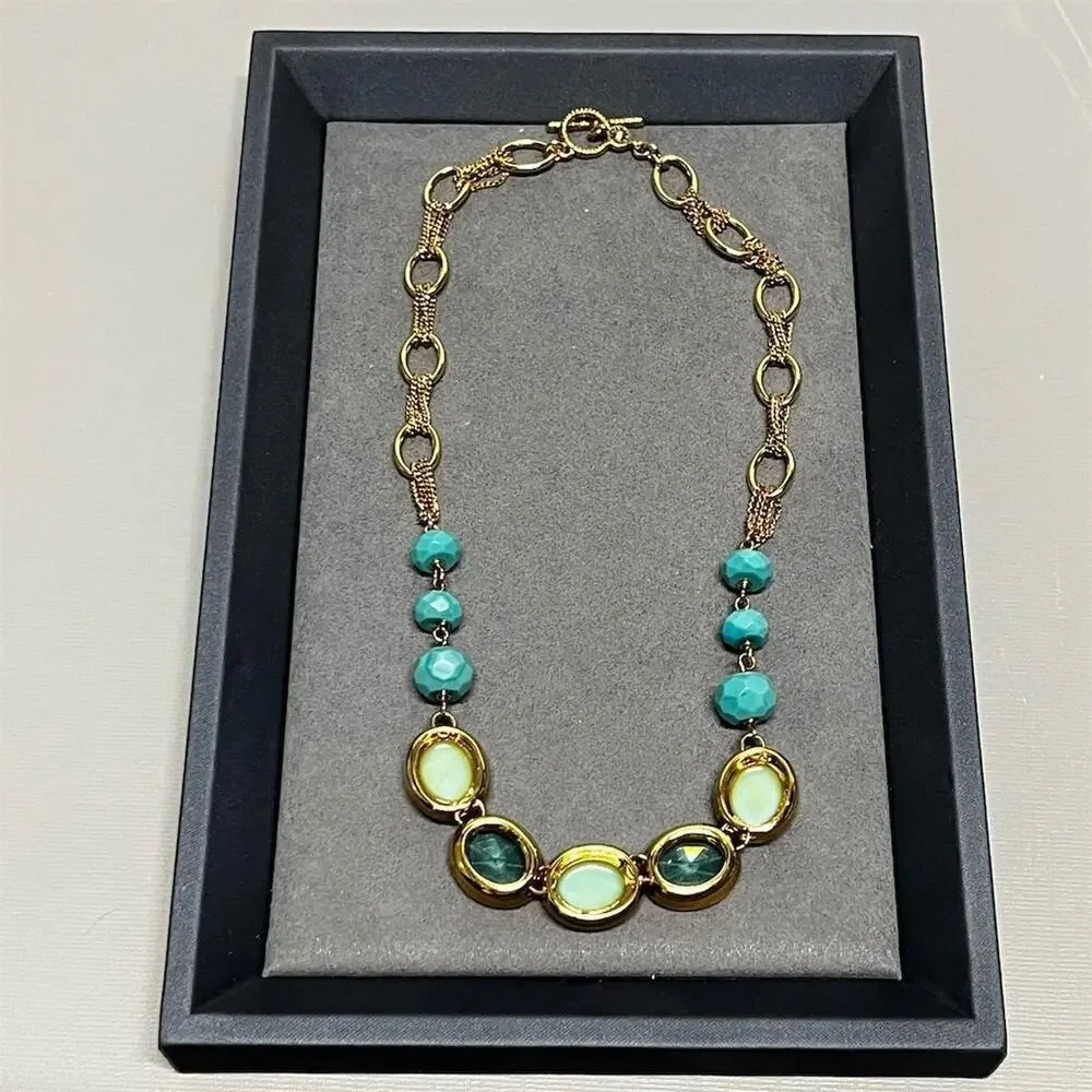 Monet Gold‎ Tone Aqua Cabochon Beaded Necklace 18” Toggle Statement